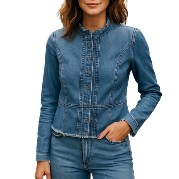 Reba Blue Denim Fringe Hem Embroidered Silver Studded BOHO Vintage Jacket Medium - Picture 1 of 4